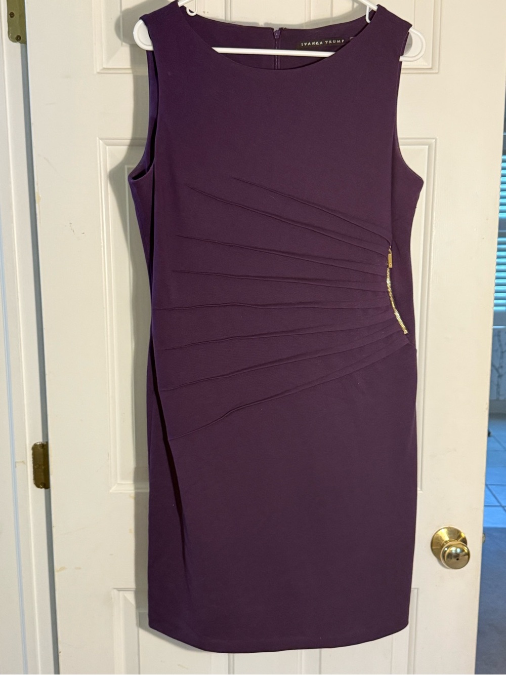 Ivanka Trump Deep Purple Sheath Dress with Gold Zip Accent